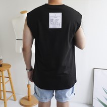 쿼터 남자 오버핏 프린팅 여름 심플 패치 민소매 나시 티셔츠
