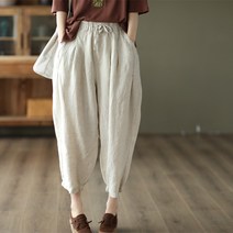 여성바지 빈티지 핸드메이드 피케 캐주얼 팬츠 여름 린넨 밴딩 슬림 배기 9부 바지
