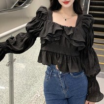 [레티고] 퍼프 스퀘어 넥 프릴 크롭 블라우스