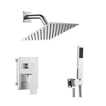 JingGang 샤워 시스템 브러시드 니켈 욕실 강우량 꼭지 세트 벽걸이형 8인치 헤드 및 핸들 세트(러프인 밸브 본체 트림 키트 포함), 8 Inch, Polished Chrome
