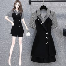 와이케이하우스 빅사이즈 투피스 코디 세트 여름 빅사이즈 여성복 크로켓 스트라이프 패션 반팔 원피스+반바지 투피스