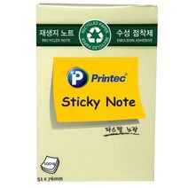 프린텍 재생지스티키노트 노랑 100매/ 포스트잇 점착메모지 학용품 사무용품, 단품