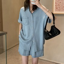 여성용 데님 셔츠 반바지 투피스 세트 남방 포켓 오버핏 반팔 숏 청바지 데일리록