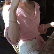 디작소 여성 봄 여름 카라넥 뒤트임 스트링 크롭 니트