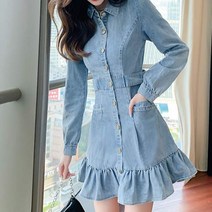[랜덤플레이]긴팔 데님 프릴 러블리 미니 원피스