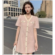 여성 화사한 나들이 기본핏 미니 반팔 무지 라운드넥 폴리에스테르 원피스