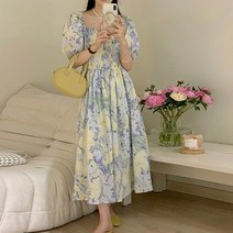 반팔 플라워 퍼프소매 롱원피스 플퀘어롱OPS