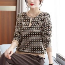 SJW 봄가을 니트 티셔츠 하운드투스 라운드 빅사이즈 긴팔 상의 중년여성 엄마 40-60대 M~5XL