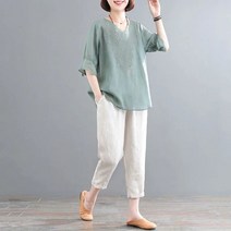 여름 패션 빅 사이즈 여성 복 레저 기질 세트 얇은 루즈핏 린넨 반팔 팬츠 빅사이즈 단품 투피스 FC0223