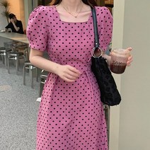 여성 여름 롱원피스 핑크 도트무늬 허리스트링 원피스