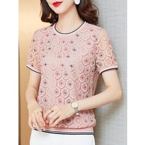 박시반팔티 t셔츠 여성 여름 중년 엄마 얇은 레이스 상의 에어매쉬 와이드 루즈핏 뱃살가리기 반팔셔츠 3628121838