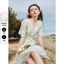 [쉬폰 원피스] 3 색 2022 여름 꽃 무늬 쉬폰 도라지 드레스 V 넥 프릴 레이스