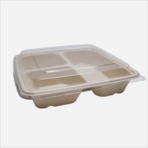 맘앤팩 친환경 펄프용기 9x9 3칸 사각트레이 300개, 뚜껑