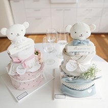 주식회사 앙앙 아기곰 2단 기저귀케이크 (배냇티셔츠or바디슈트+모자+곰딸랑이인형), 출산선물