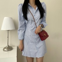 VANANA2 여성 페미닌 스트라이프 카라 셔츠 뒷리본 원피스