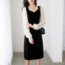 데일로엔 여성용 애로우넥 레이스 벨벳 여성 긴팔 원피스
