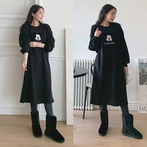 가을 겨울 20-30-40대 여성 캐주얼 데일리 미키마우스 캐릭터 자수 밍크 융기모 퍼 안감 박시핏 루즈핏 롱 원피스