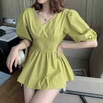242 베리티 브이넥 허리라인 소매 퍼프 반팔 여름 블라우스