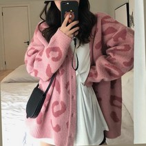 호피가디건 여성 핑크 레오파드 스웨터 루즈핏 겉옷 가을 봄 중간 길이 대학 스타일 니트 카디건 재킷