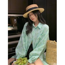 봄 여름 자외선 차단 자켓 녹색 플라워 셔츠 여성 봄 여름프랑스 복고풍 미디 오버핏 긴팔 선 스크린 카디건