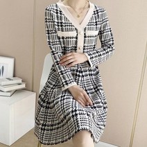 [랜덤플레이] 정장룩 체크 플레어 니트 트위드 원피스