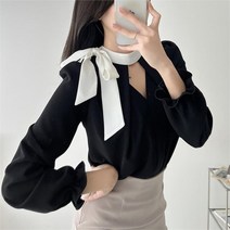 여자 넥타이 스카프 보우 타이 브이넥 블라우스
