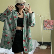 여성 숏 자켓 신제품 빈티지 루즈핏 장미 재킷 블라우스 여성용 그레이 로즈 캐주얼 턴 다운 칼라 포켓 싱