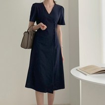 [랜덤플레이]브이넥 옆 단추 반팔 미디 원피스