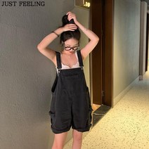 JUST FEEL!NG 여성 학생용 슬림핏 와이드 데님 청바지 멜빵 반바지 청반바지 점프수트