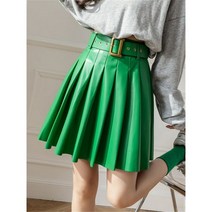 겨울 치마 스커트 Seoulish Green 인조 PU 가죽 플리츠 여성용 벨트 부착 하이웨이스트 미니 가을 년