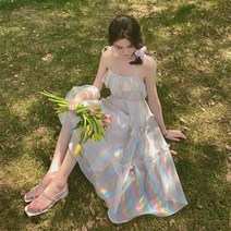 제이블리 메쉬 스트랩 블링 화이트 롱 원피스