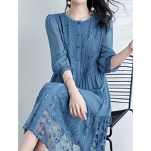 YULAN 빅 사이즈 루즈핏 자수 패치 7부 소매 원피스
