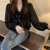 여성 프렌치 브이넥 무드룩 셔츠 여름 루즈핏 패치 레이스 긴팔 솔리드 탑 블라우스