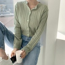 바보사랑 여자 라운드넥 꽈배기 크롭 파스텔 기본 가디건.옷자락(무료배송)