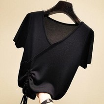 언발란스 언발 사선 얼음 실크 반팔 T 셔츠 여성 니트 스웨터 여름 인조 꽉 야생면 V 넥 안