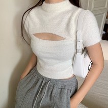 드레스날다 포인트로딱 가슴 트임 크롭 반팔 니트(mknit1522)