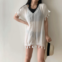 테슬 린넨 화이트 비치 커버업, F