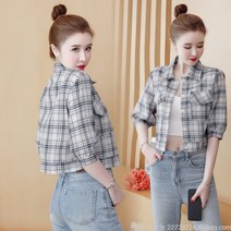 라오농 쇼트체크남방여춘여름여성5부소매코트오픈캐주얼정장자켓 +d2505LL