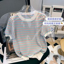 FLI 여름 이후의 무지개 ~ 22 봄과 OS 새로운 그라디언트 컬러 스트립 버블 거품 소매 칼라 목 스웨터 짧은 슬리브 ZA-239372