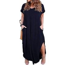 Kancystore 여성용 플러스 사이즈 드레스 캐주얼 루즈 포켓 반소매 슬릿 플러스 사이즈 롱 맥시 드레스 XL-5X 로열 블루 타이 다이