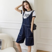 Momolatti 불규칙 5분 데님 와이드 점프수트 멜빵바지
