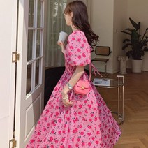 플라워 보트넥 꽃나염 러블리 셔링 원피스 퍼프 반팔 A라인 롱원피스