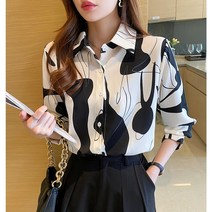 (바니뉴욕) 22가을신제품-루즈핏 카라넥 기하학추상나염 셔츠 블라우스-오피스룩