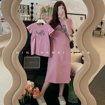 가족사진의상 자모자 매듭 스타일 가족 티 모녀복 원피스