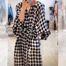 여성 블랙앤화이트 바둑 체크 여름 쿨룩 원피스 고퀄리티 티슬립 퍼프 소매 루즈핏 스커트