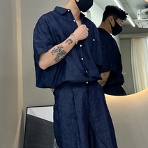 남자 린넨 오버핏 마셔츠 청 반팔 남방 셔츠 반바지셋업
