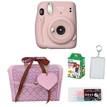 (버니티 가방 랩핑 BOX 체키 세트) 후지 필름 체키 instax mini 11 브러쉬 핑크 & 필름 20장 & 하메파치 & 디즈니 앨범 & 데코루 레펜 & 바니티 가방 BOX 퍼플