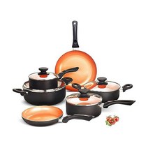 정품 FRUITEAM 6pcs 조리기구 세트 세라믹 붙지 않는 수프 냄비/소스 팬/프라이팬 세트 뚜껑이 있는 구리 알루미늄 팬 유도 가스 호환 가능 검정색, 10-PIECE（BLACK）, Black