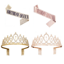 기념일 축하기념 어깨띠 미스코리아 왕관 공주님 생일 옵션선택해주세요, 로즈골드어깨띠+골드왕관세트