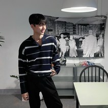 남자 헨리넥 단가라 니트 스트라이프 줄무늬 티셔츠 (3컬러) 척도